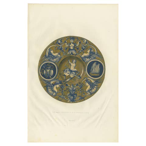 Antique Print of a Majolica Plate of Mr. de Basilewski by Delange '1869'