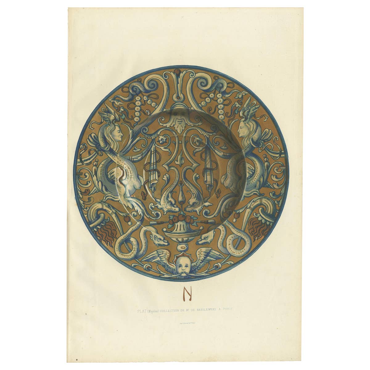 Antique Print of a Majolica Plate of Mr. De Basilewski by Delange '1869'