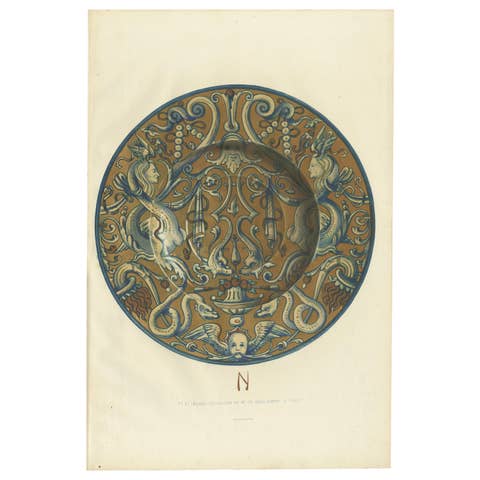 Antique Print of a Majolica Plate of Mr. De Basilewski by Delange '1869'