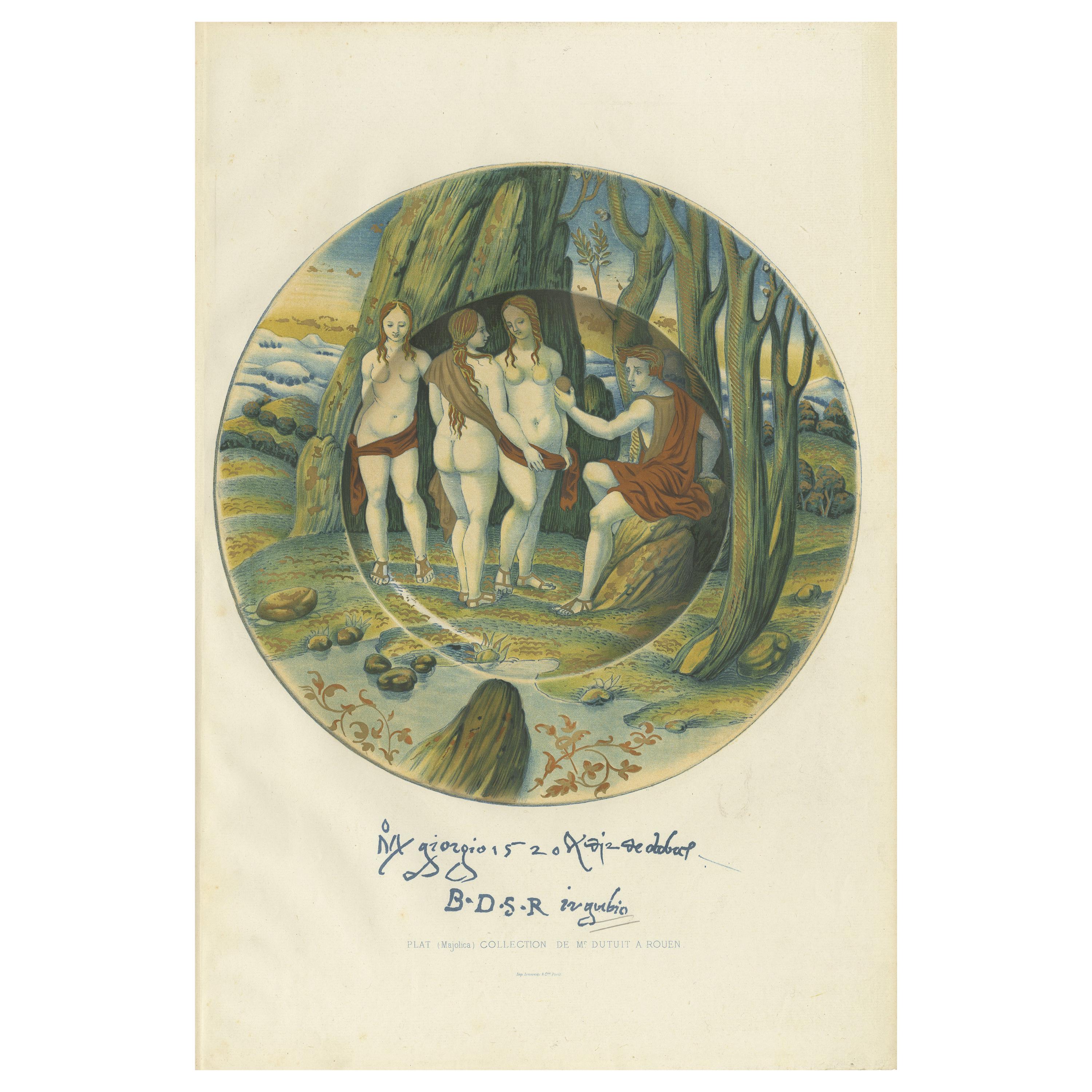 Antique Print of a Majolica Plate of Mr. Dutuit by Delange '1869' For Sale