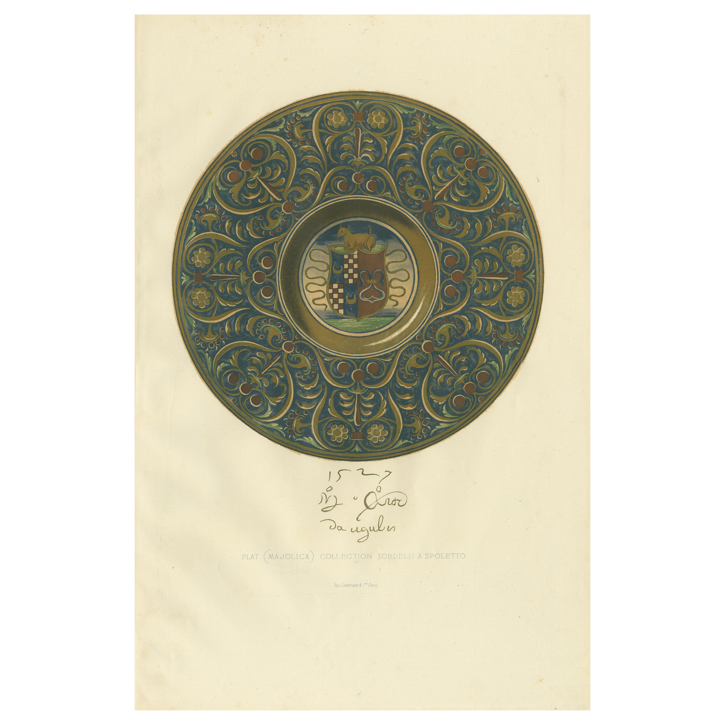 Antique Print of a Majolica Plate of the Tordelli Collection by Delange '1869' For Sale