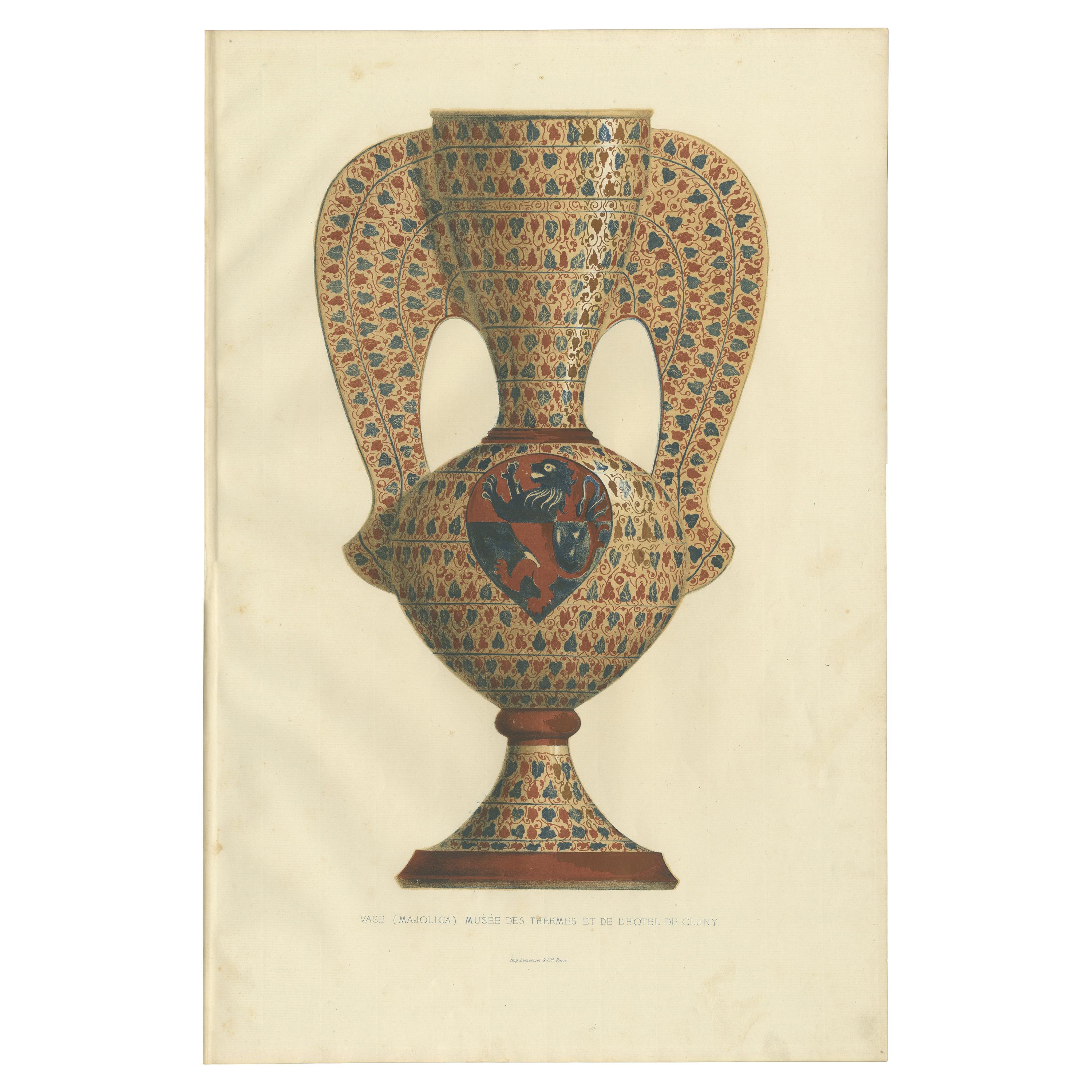 Antique Print of a Majolica Vase by Delange '1869'