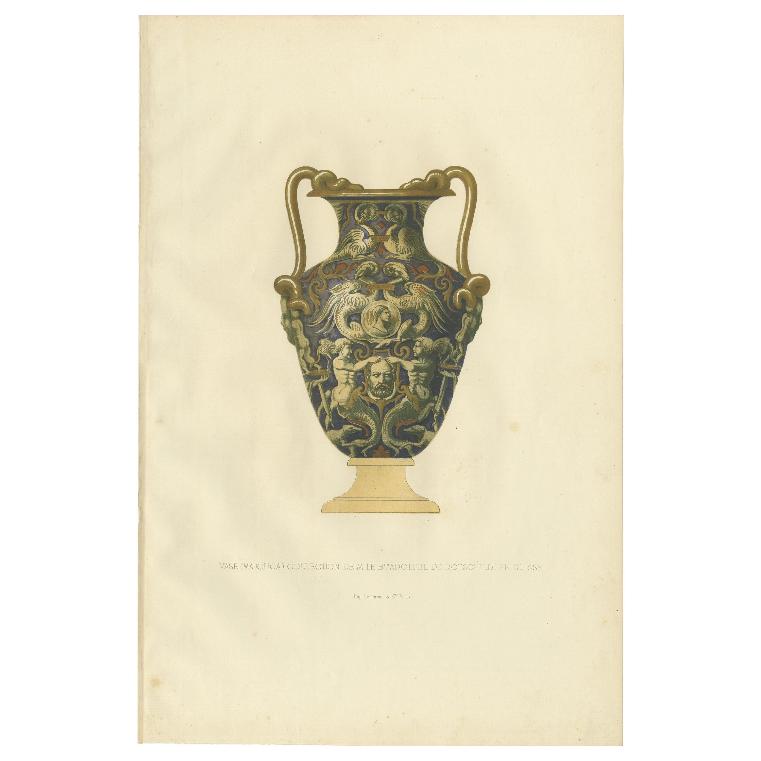 Antique Print of a Majolica Vase of Adolphe de Rothschild by Delange '1869' For Sale