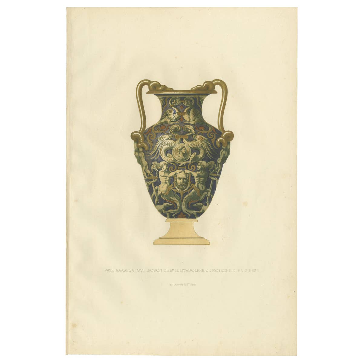 Antique Print of a Majolica Vase of Adolphe de Rothschild by Delange '1869'