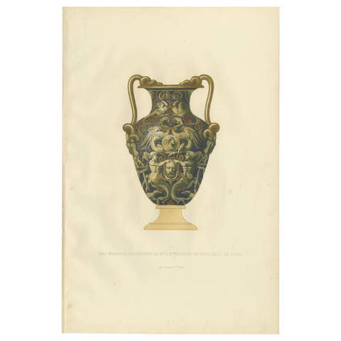 Antique Print of a Majolica Vase of Adolphe de Rothschild by Delange '1869'