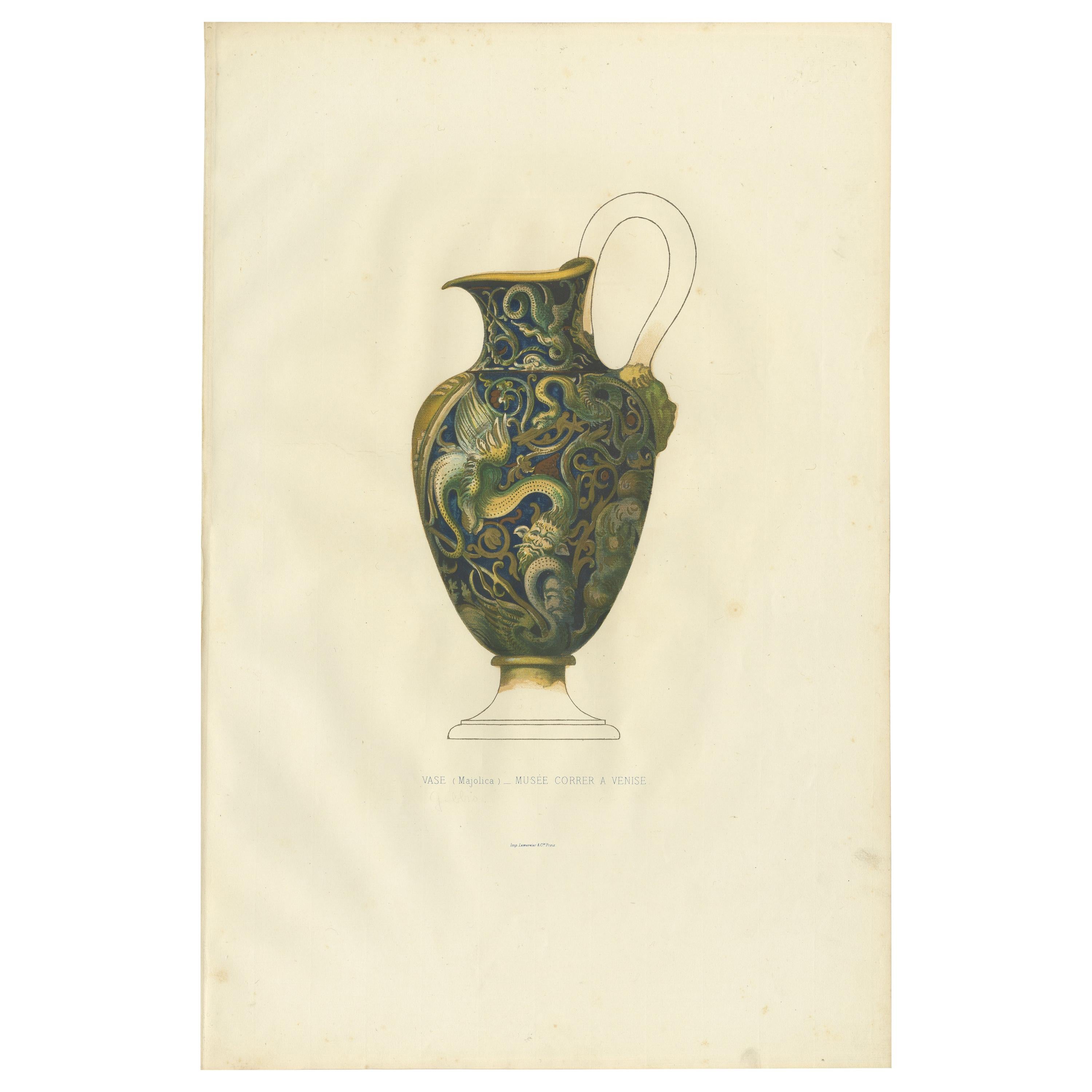 Antique Print of a Majolica Vase of Museo Correr by Delange '1869' For Sale