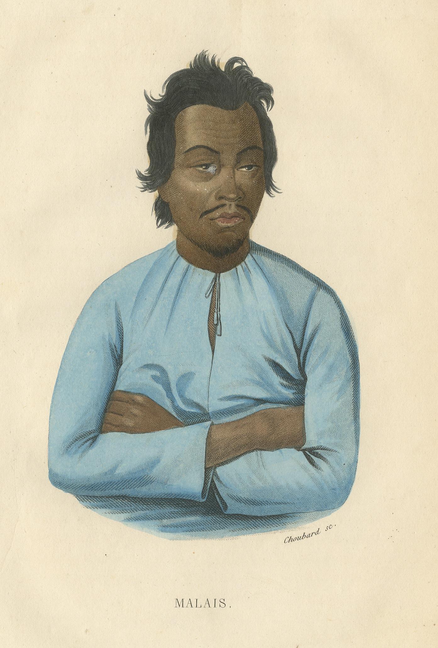 Antique print titled 'Malais'. Lithograph of a Malay, an Austronesian ethnic group and nation native to the Malay Peninsula, eastern Sumatra of Indonesia and coastal Borneo, as well as the smaller islands which lie between these locations. This