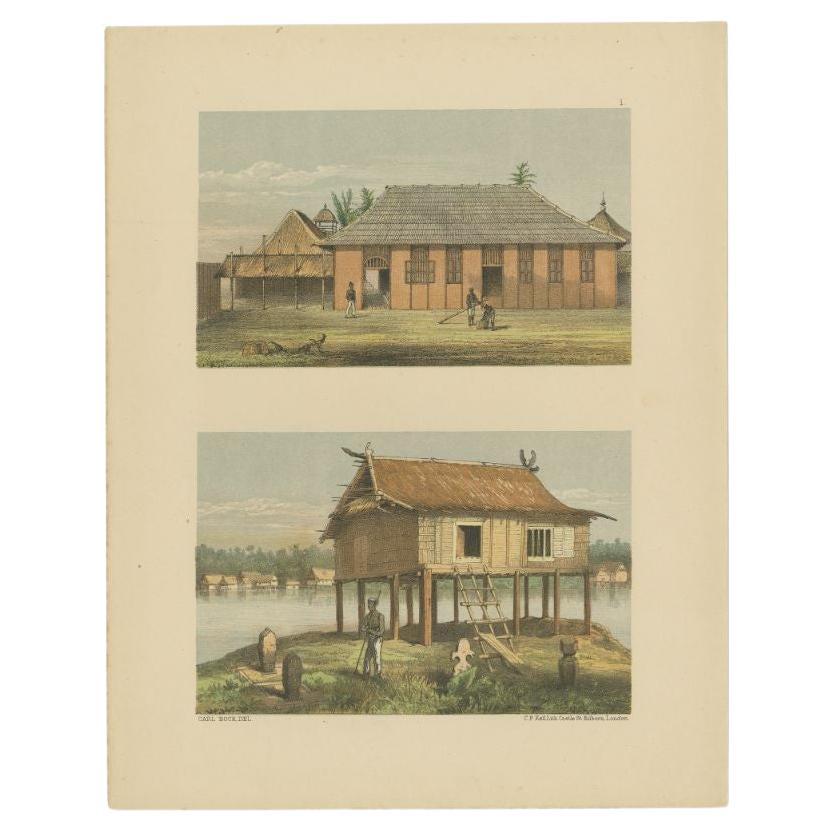 Antique print with a view of the place of the Sultan of Koetai and a Malayan house in Sumatra. This print originates from 'Reis in Oost- en Zuid-Borneo van Koetei naar Banjermassin (..)' by Carl Bock.

Artists and Engravers: Carl Alfred Bock (17