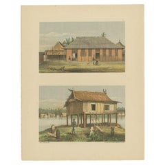 Antique Print of a Malayan Houses in Sumatra, Indonesia, 1881