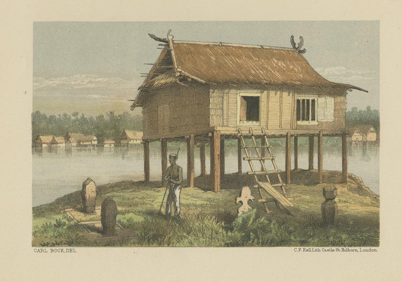 Antique Print of a Malayan Houses in Sumatra, Indonesia, 1881 For Sale 1
