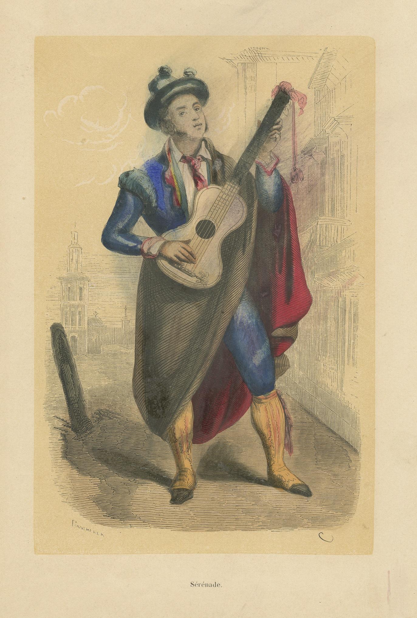 Antique print titled 'Sérénade'. Old print of a male figure playing the guitar. This print most likely originates from an edition of 'Costumes and habits of people from all parts of the world' by Auguste Wahler. Signed 'Pannemaker'.