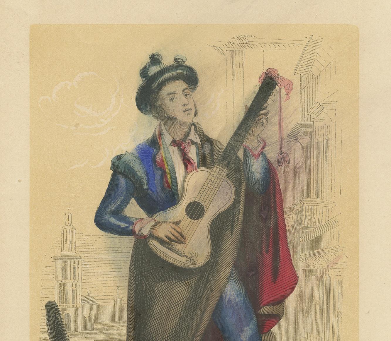 Antique Print of a Male Playing the Guitar, circa 1850 In Good Condition In Langweer, NL