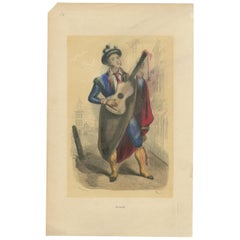 Antique Print of a Male Playing the Guitar, circa 1850