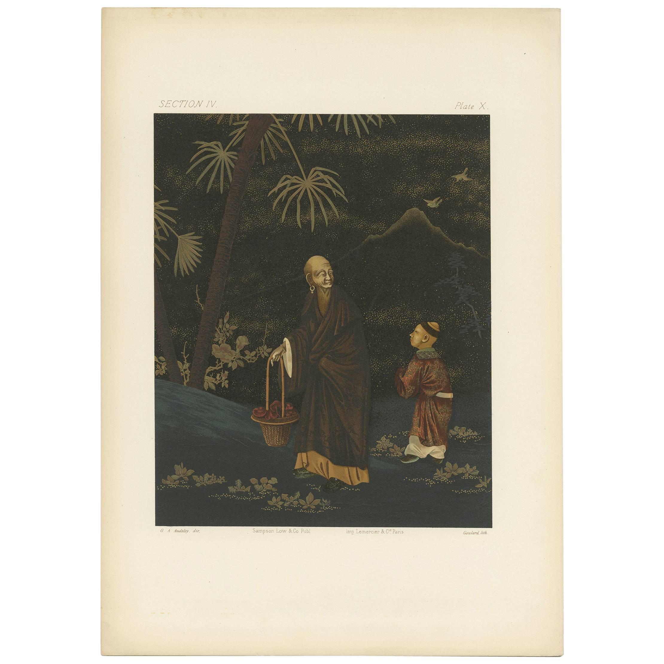 Antiker Druck eines Mannes und eines Jungen 'Japan, Lacquer' von G. Audsley, 1882