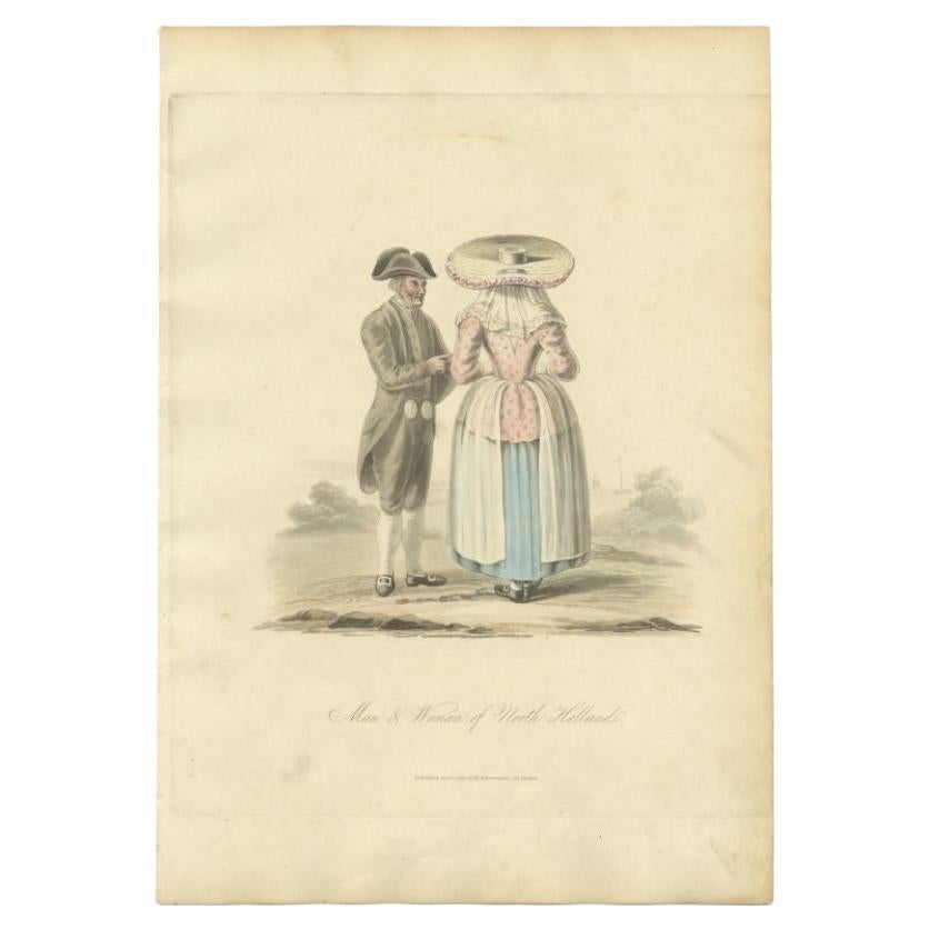 Antique costume print titled 'Man & Woman of North Holland'. Old costume print depicting a man and woman of the Dutch province 'Noord-Holland'. This print originates from 'The Costume of the Netherlands displayed in thirty coloured engravings'.