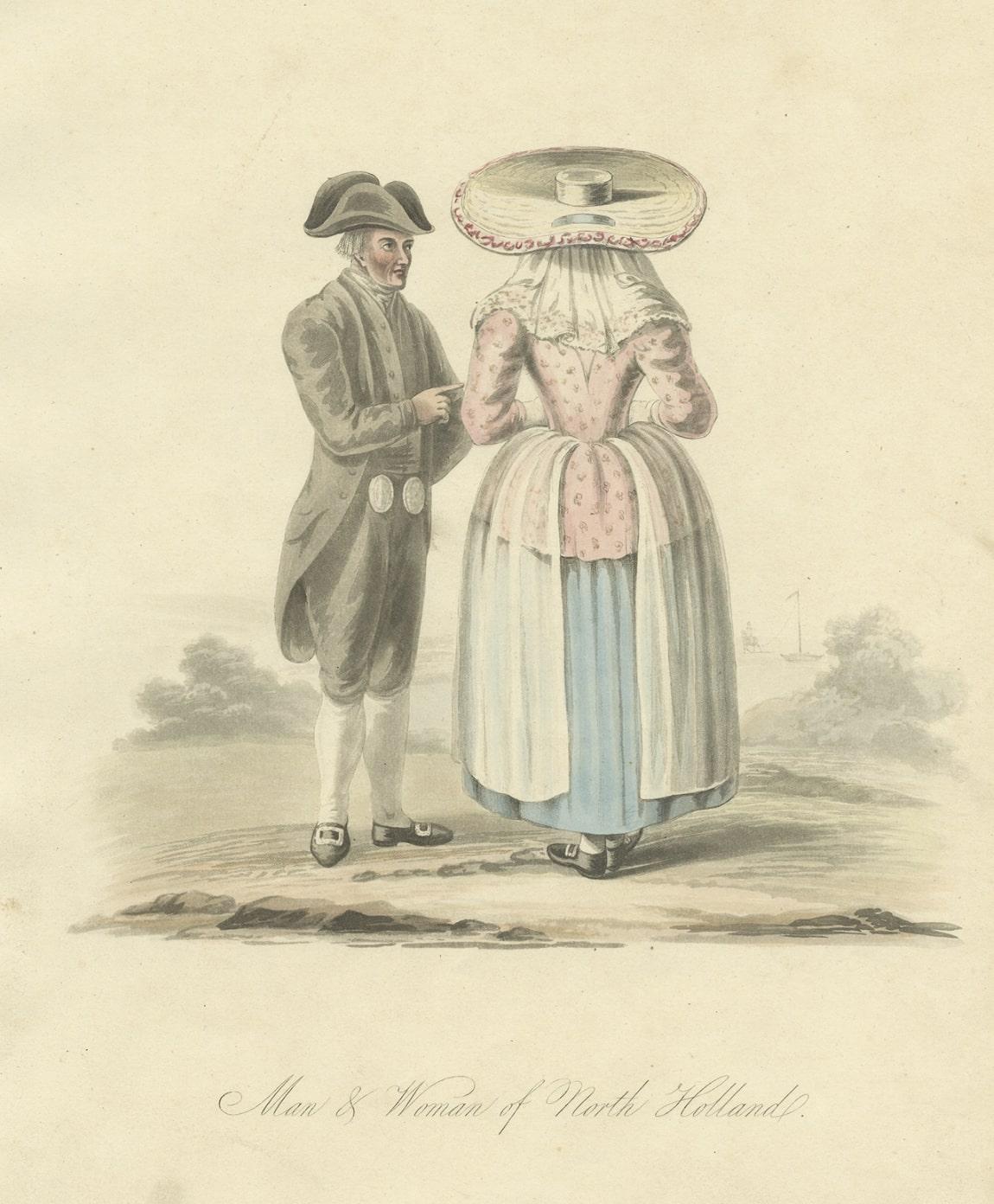 Paper Antique Print of a Man and Woman of Noord-Holland, the Netherlands, circa 1817 For Sale