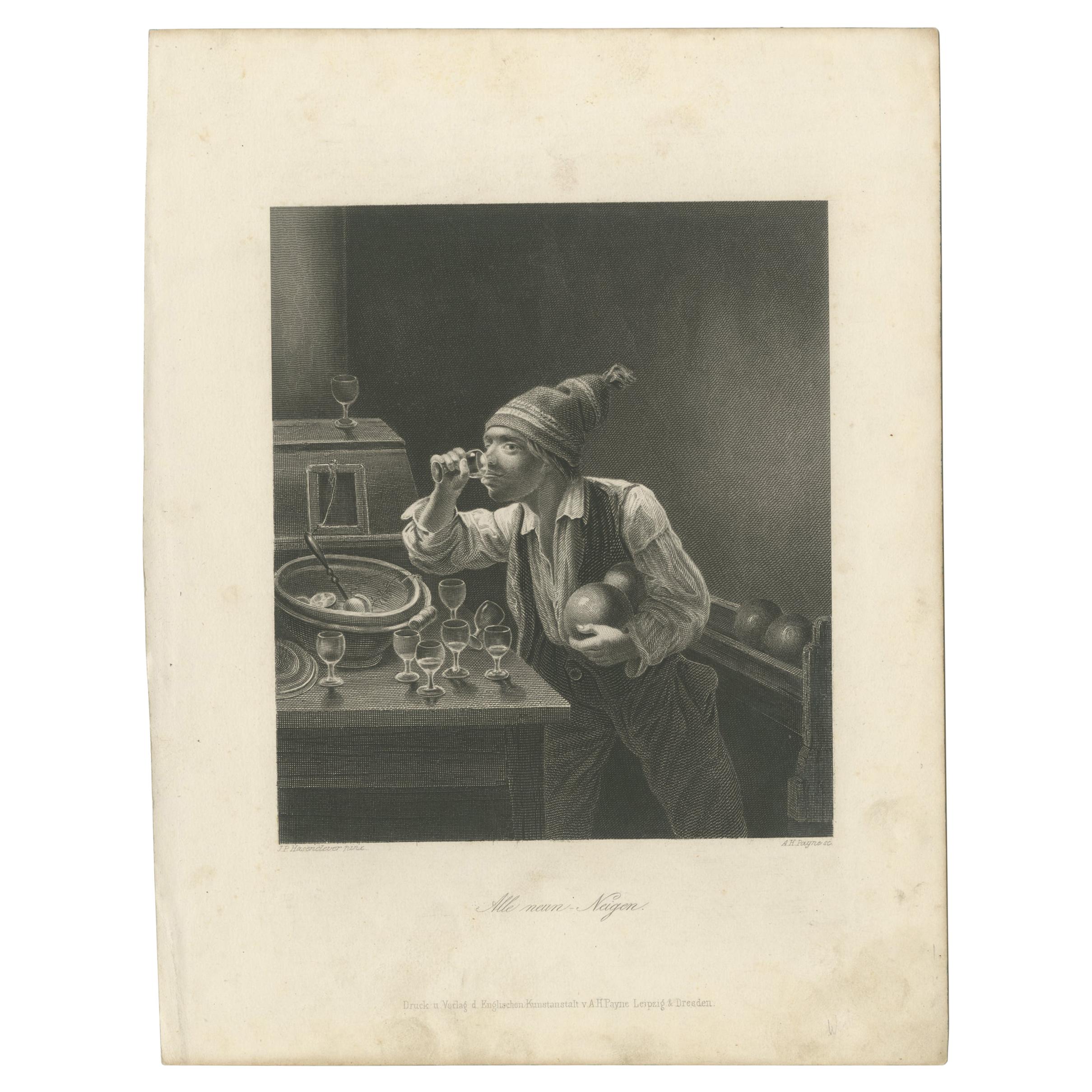 Antique Print of a Man drinking and Bowling by Payne 'c.1850' For Sale