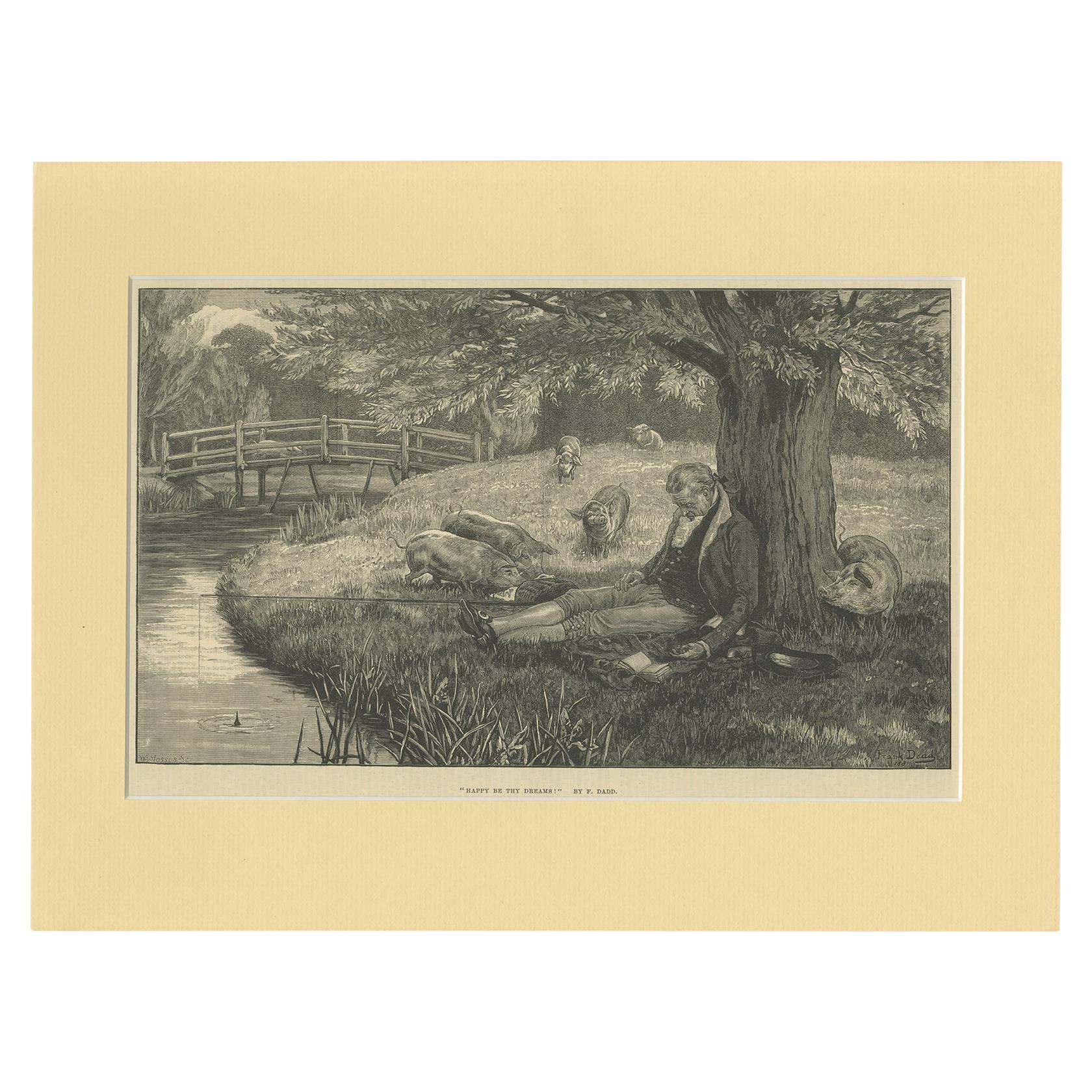 Antique Print of a Man Fishing and Sleeping '1881' For Sale