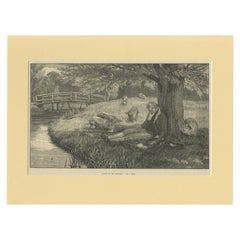 Antique Print of a Man Fishing and Sleeping '1881'