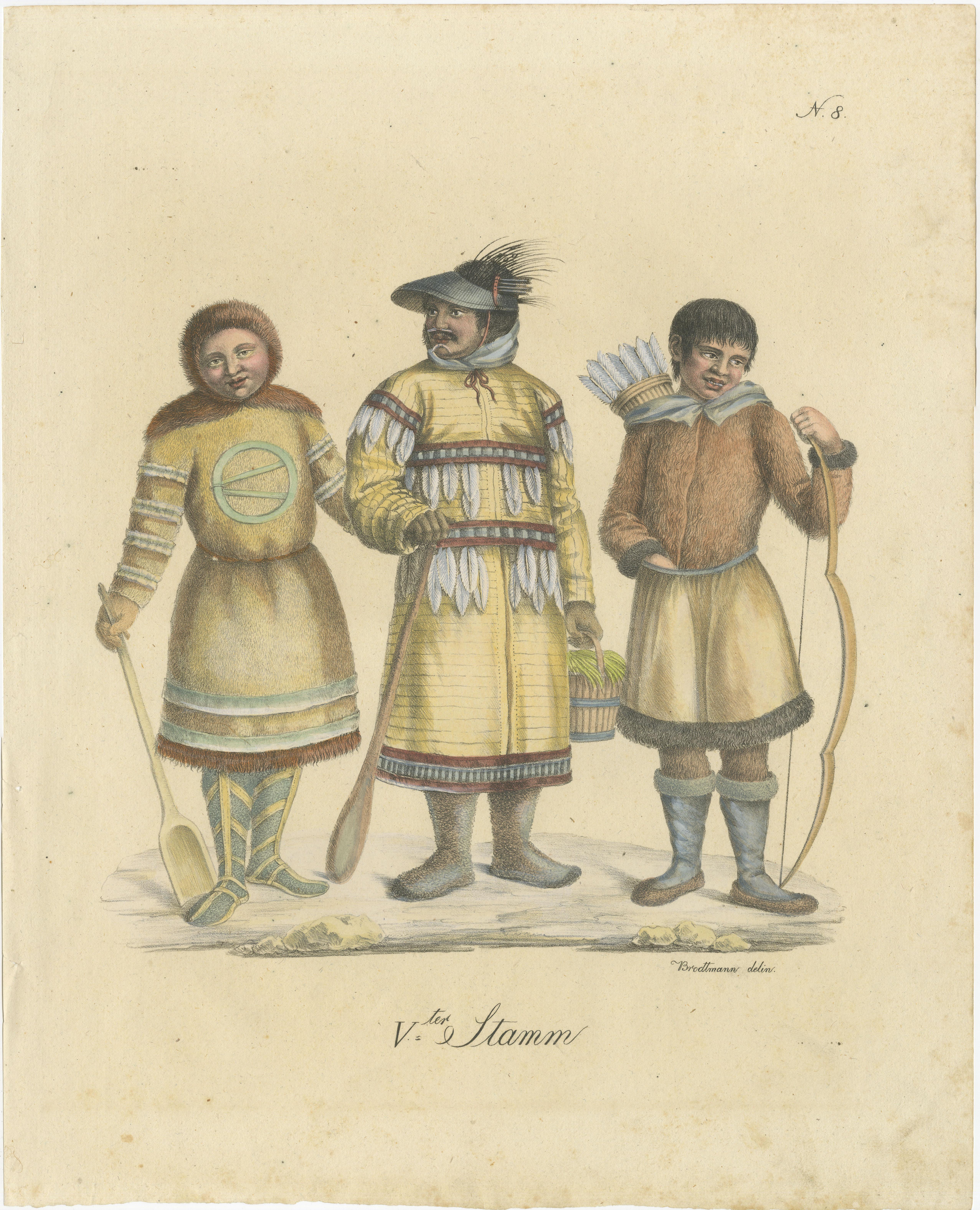 Antique print titled 'Vter Stamm'. Lithograph of a man from Unalaska, a Nenet (also known as Samoyed) woman and an eskimo. This print originates from 'Naturhistorische Bilder-Galerie' by Brodtmann. Published circa 1816. 