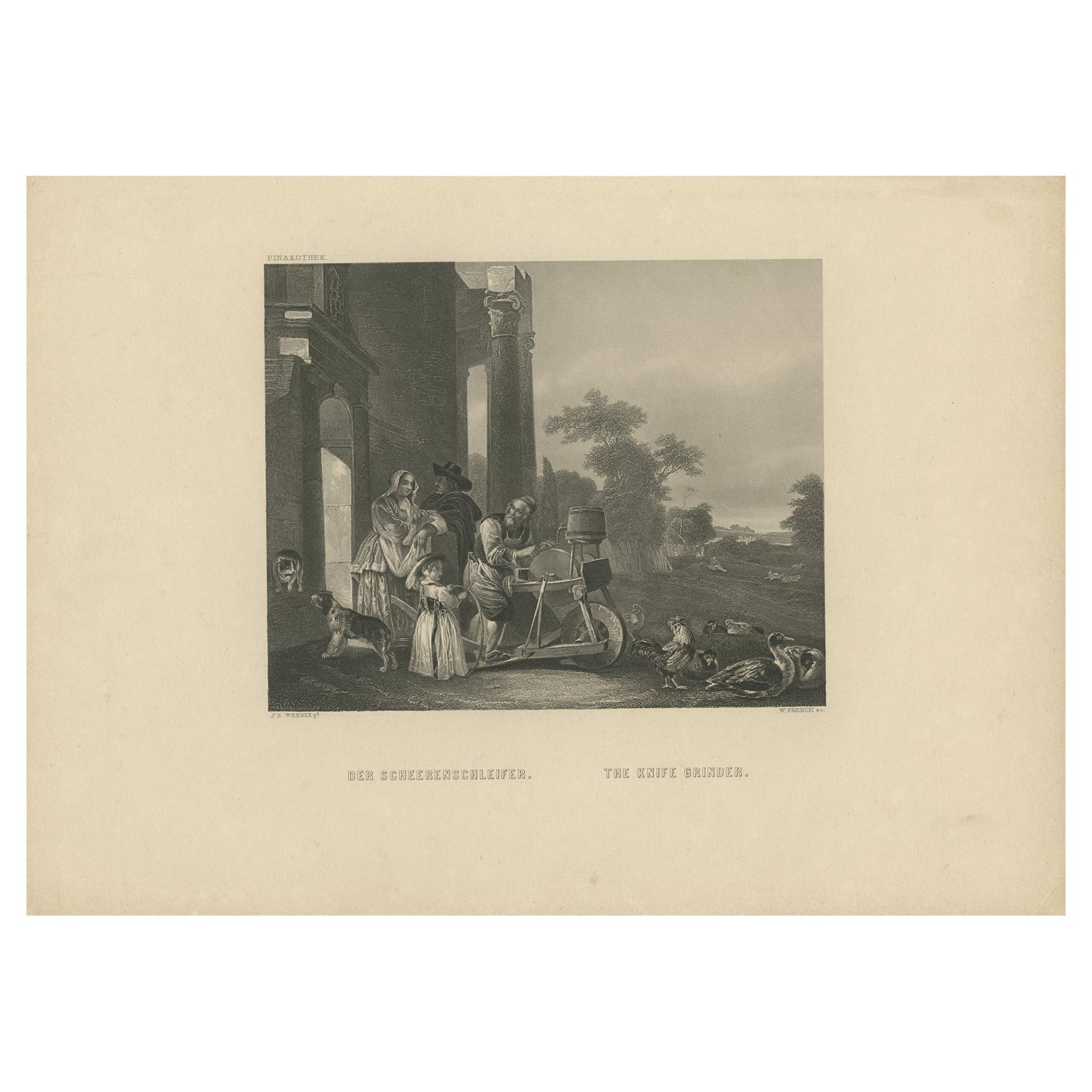 Antique Print of a Man Grinding Knives by French, 'c.1850' For Sale