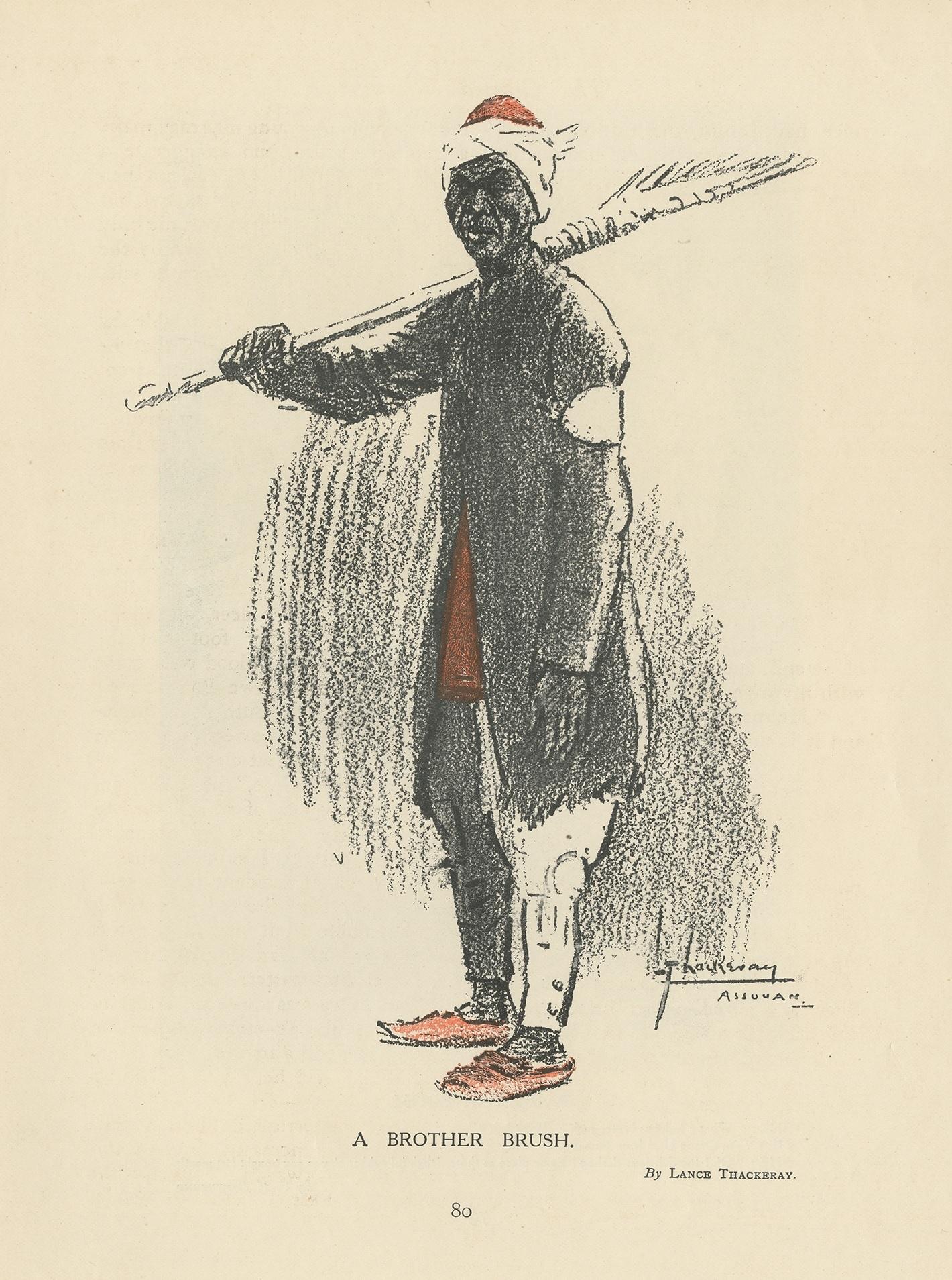 Antique Print of a Man holding a Broom 'circa 1910' In Good Condition For Sale In Langweer, NL