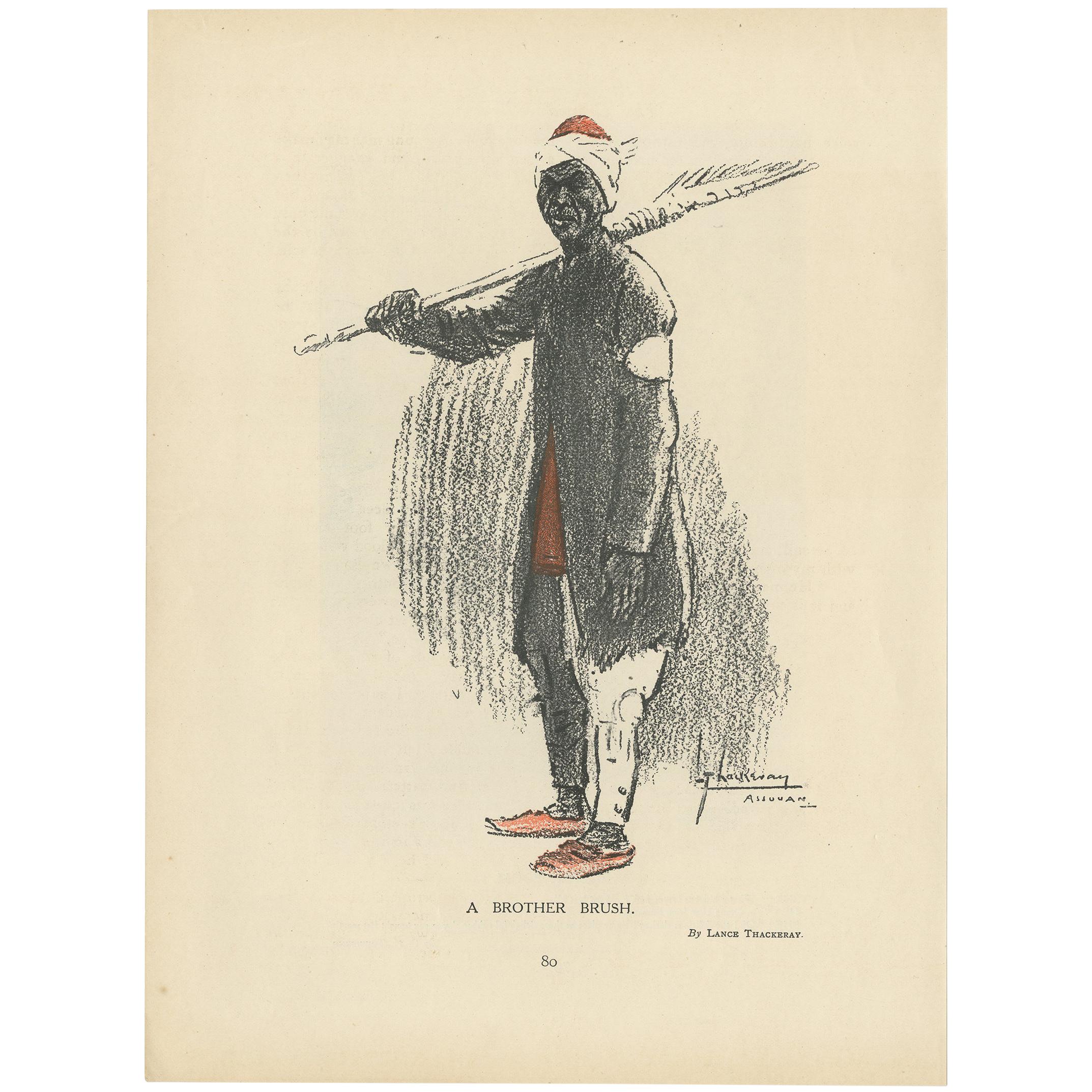 Antique Print of a Man holding a Broom 'circa 1910'