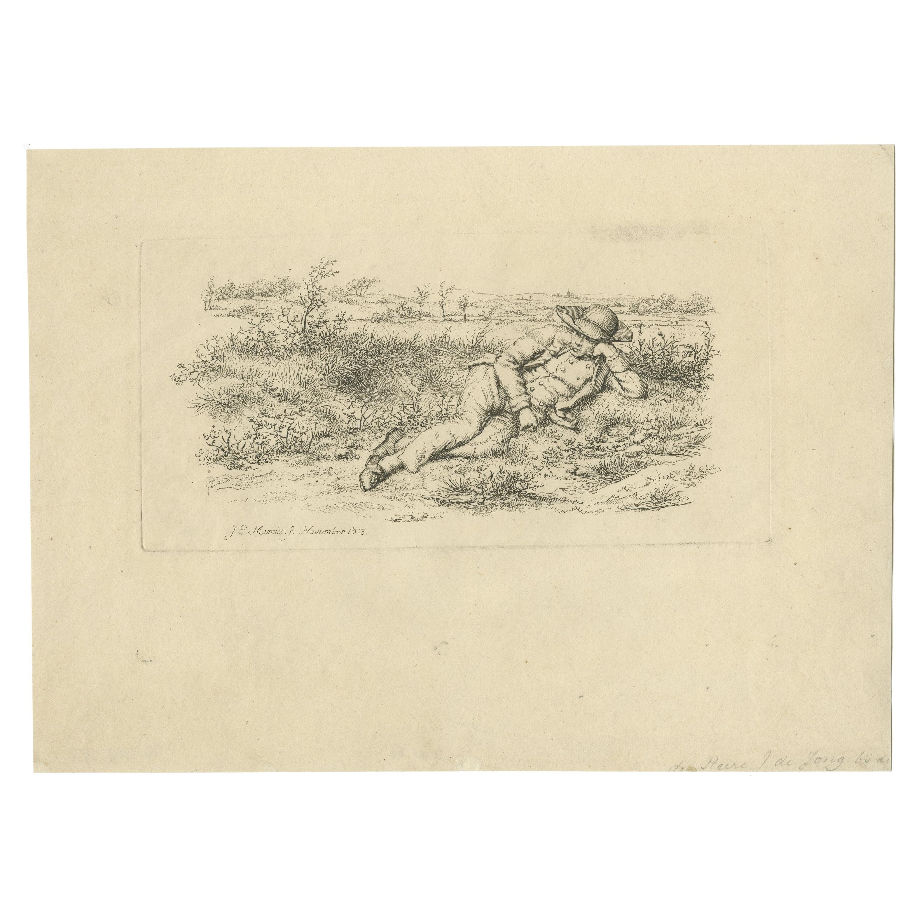 Antique Print of a Man Lying on the Grass by Marcus 'c.1813'