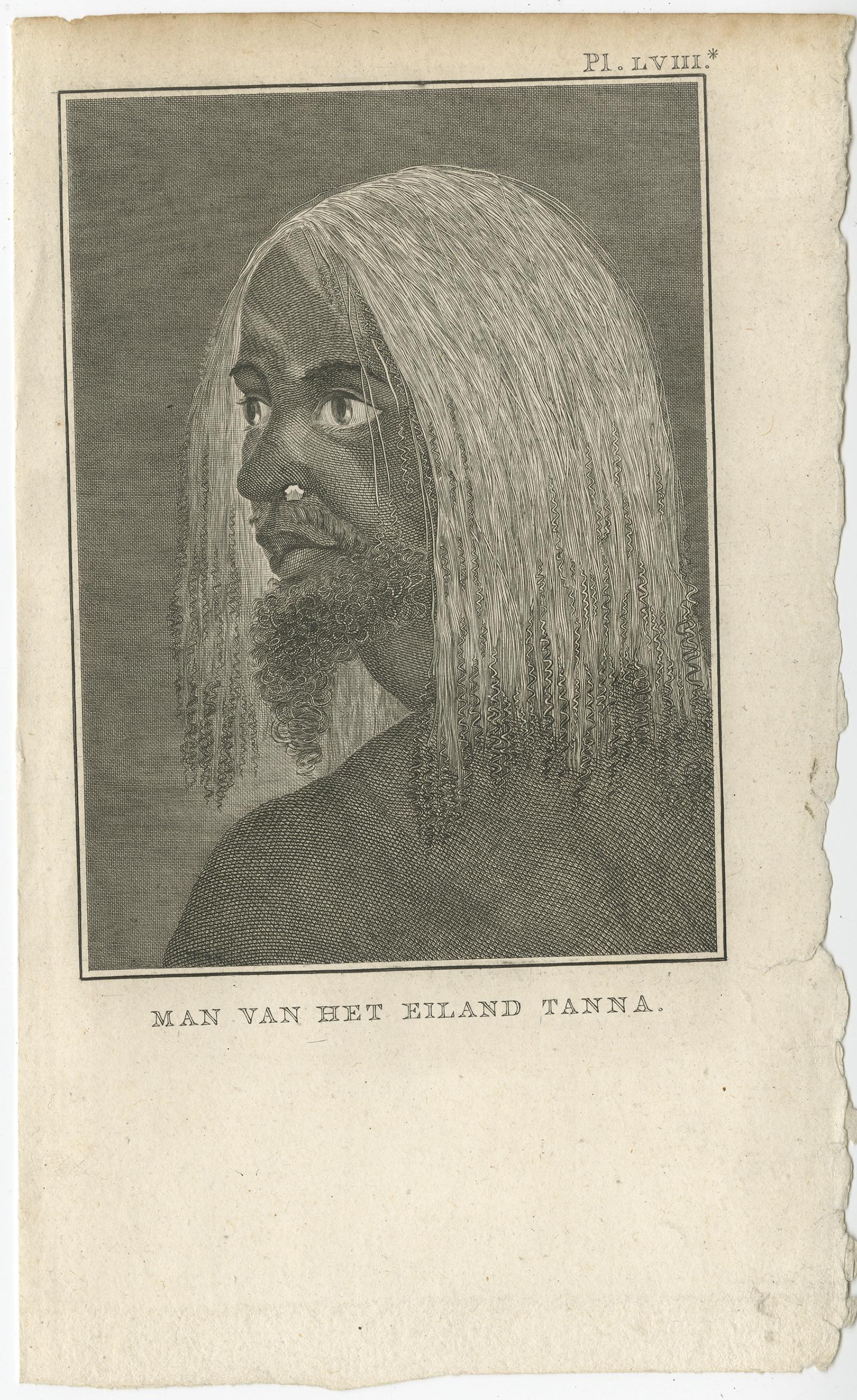 Antique print titled 'Man van het Eiland Tanna'. 

Antique print depicting a man of the island of Tanna, New Hebrides. Originates from 'Reizen Rondom de Waereld door James Cook (..)'. 

Artists and Engravers: Translated by J.D. Pasteur. Published by