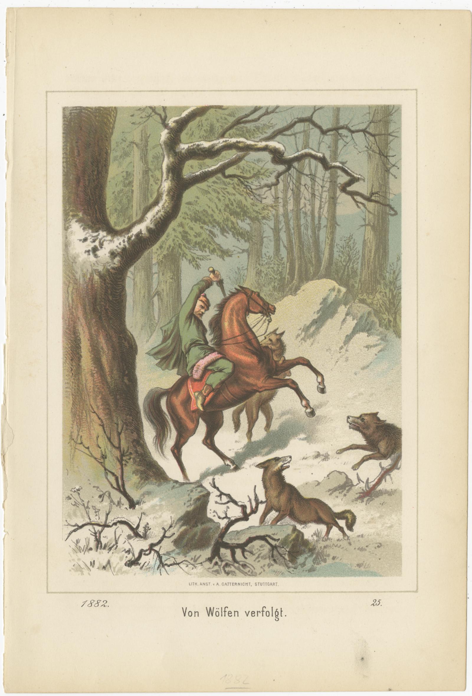 Antique print titled 'Von Wölfen verfolgt'. Original old print of a man on a horse chased by wolves. Published by A. Gatternicht, circa 1890.