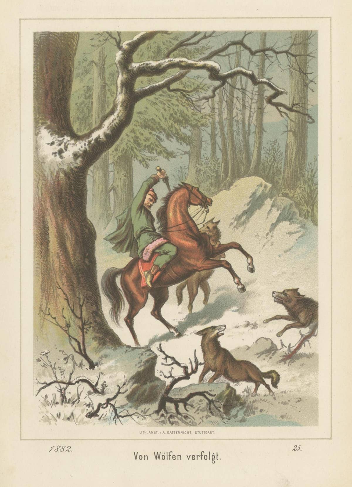 Antique Print of a Man on a Horse Chased by Wolves