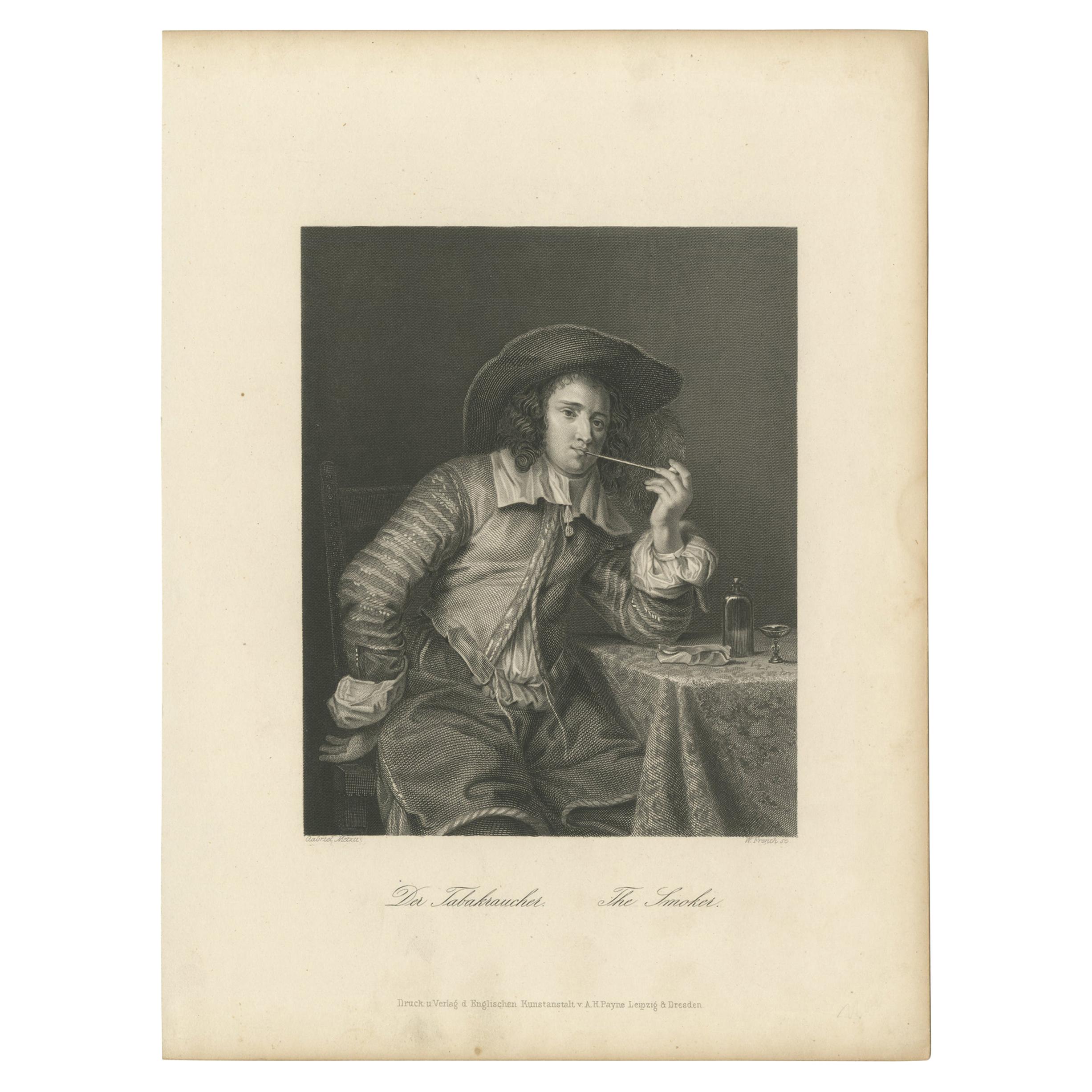 Antique Print of a Man smoking Tobacco by Payne 'c.1850' For Sale