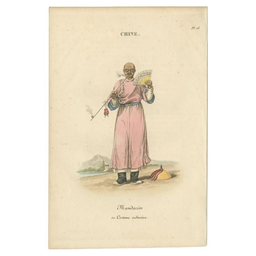 Antique Print of a Mandarin in Traditional Dress, circa 1820 For Sale