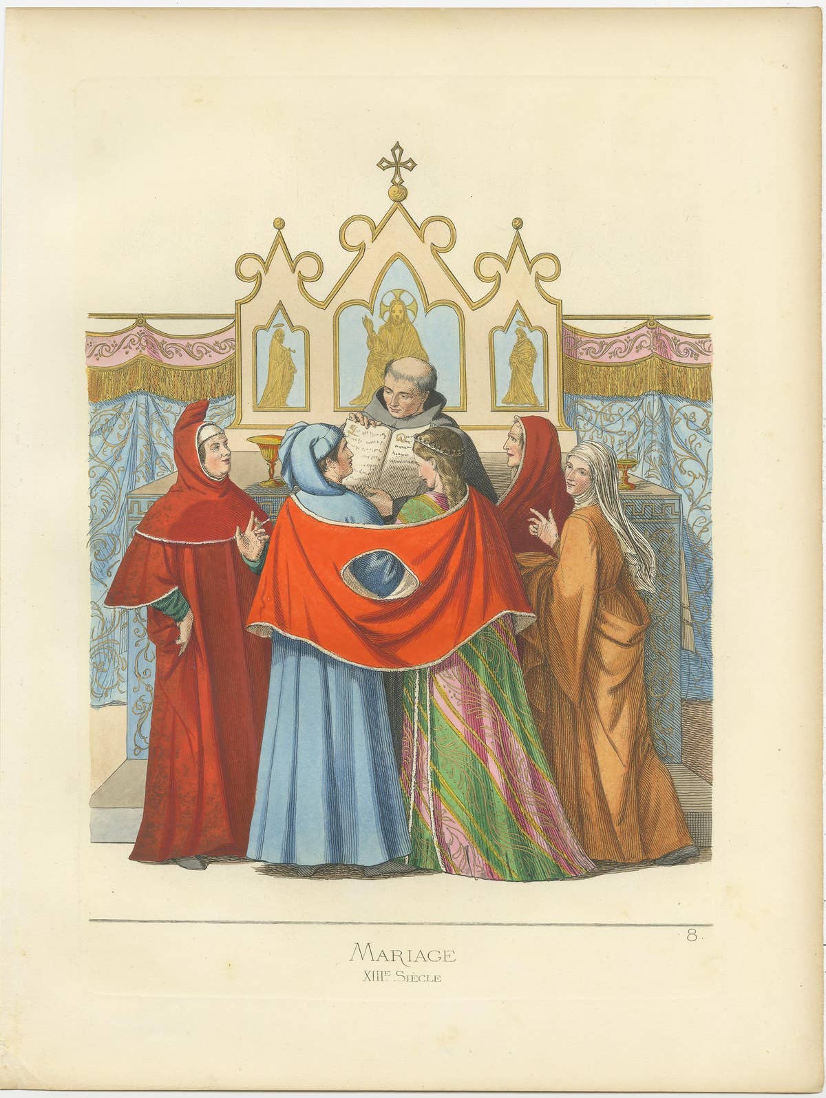 Antique Print of Mariage Ceremony in Italy, 19th Century, 1860