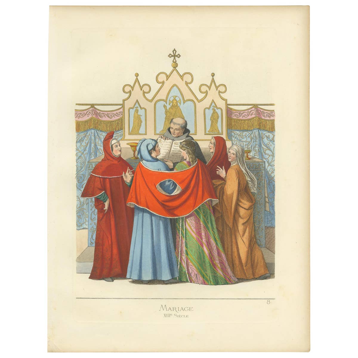Antique Print of Mariage Ceremony in Italy, 19th Century, 1860