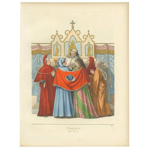 Antique Print of Mariage Ceremony in Italy, 19th Century, 1860