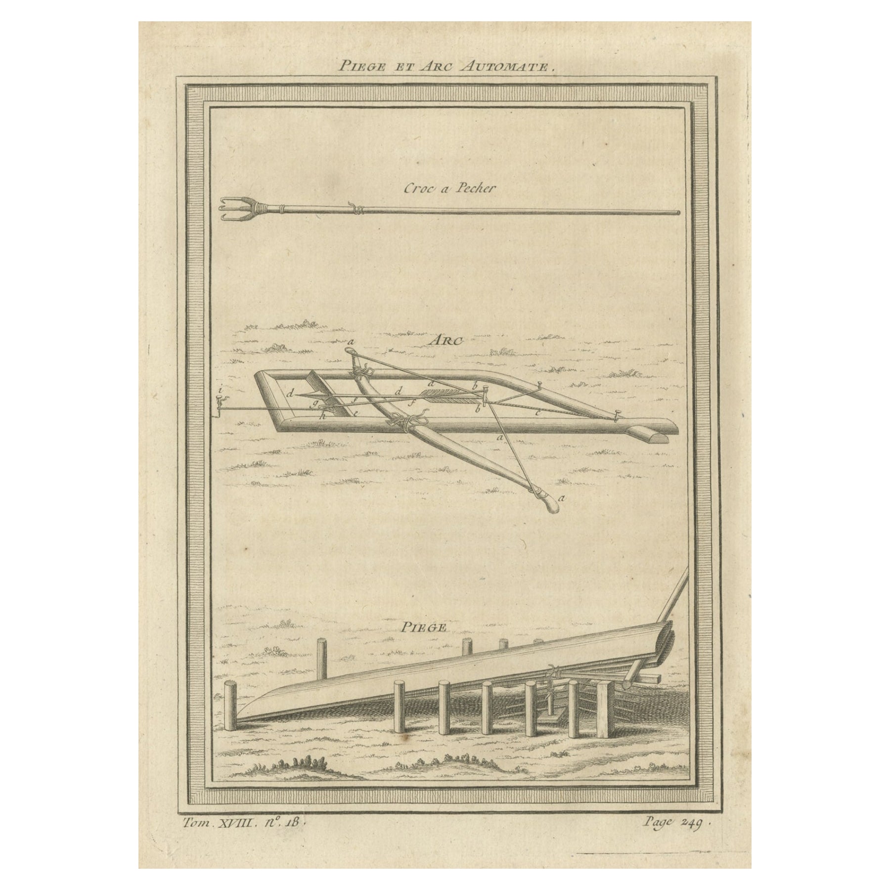 Grabado antiguo de una trampa mecánica con ballesta y flecha, 1768