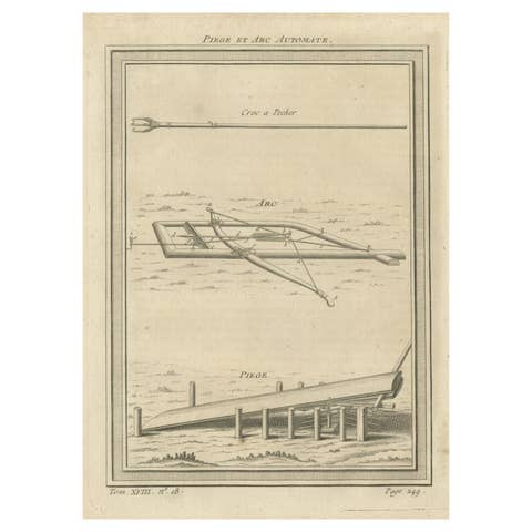Antique Print of a Mechanical Trap with Crossbow and Arrow, 1768