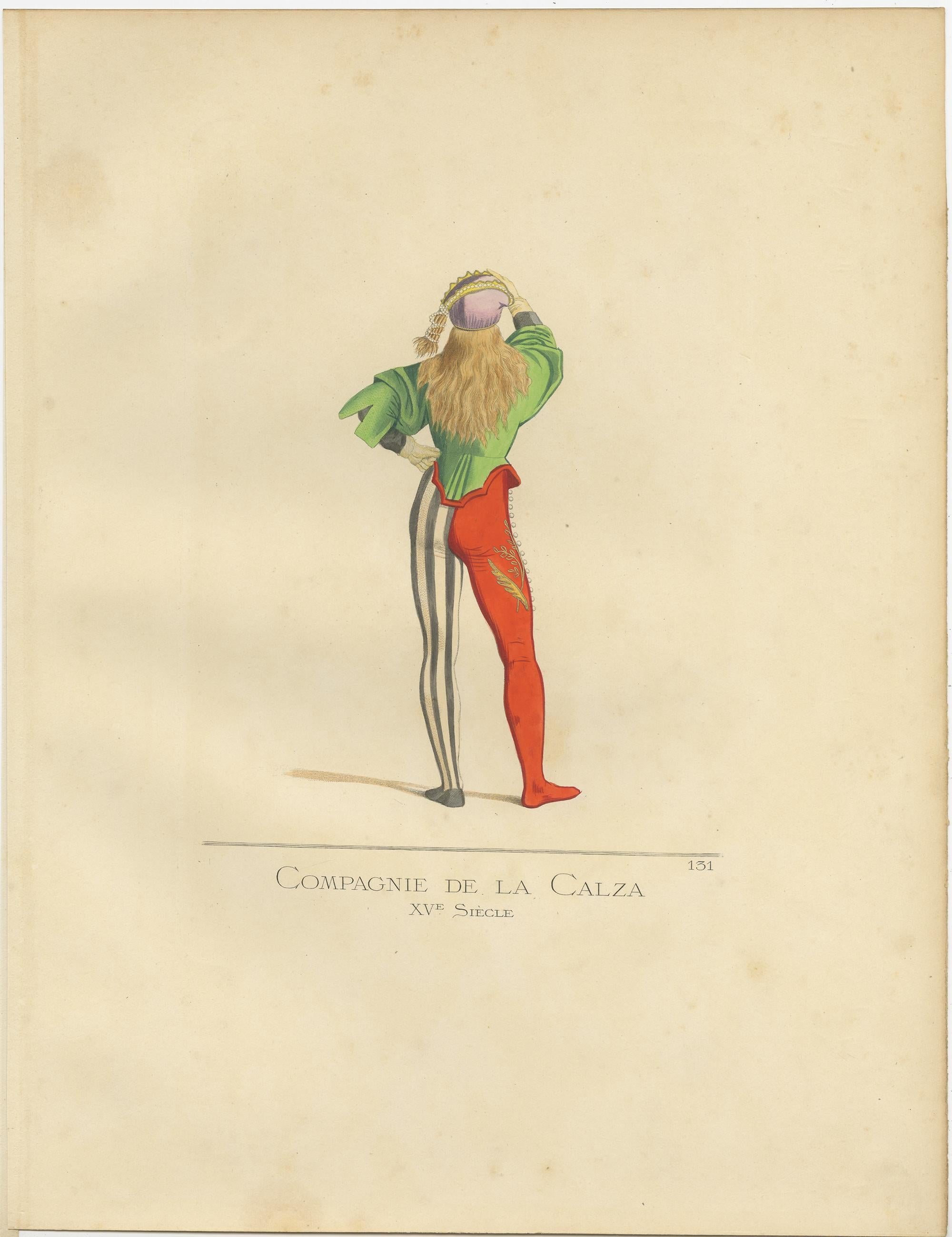 19th Century Antique Print of a Member of the Calza Society, 15th Century, by Bonnard, 1860 For Sale