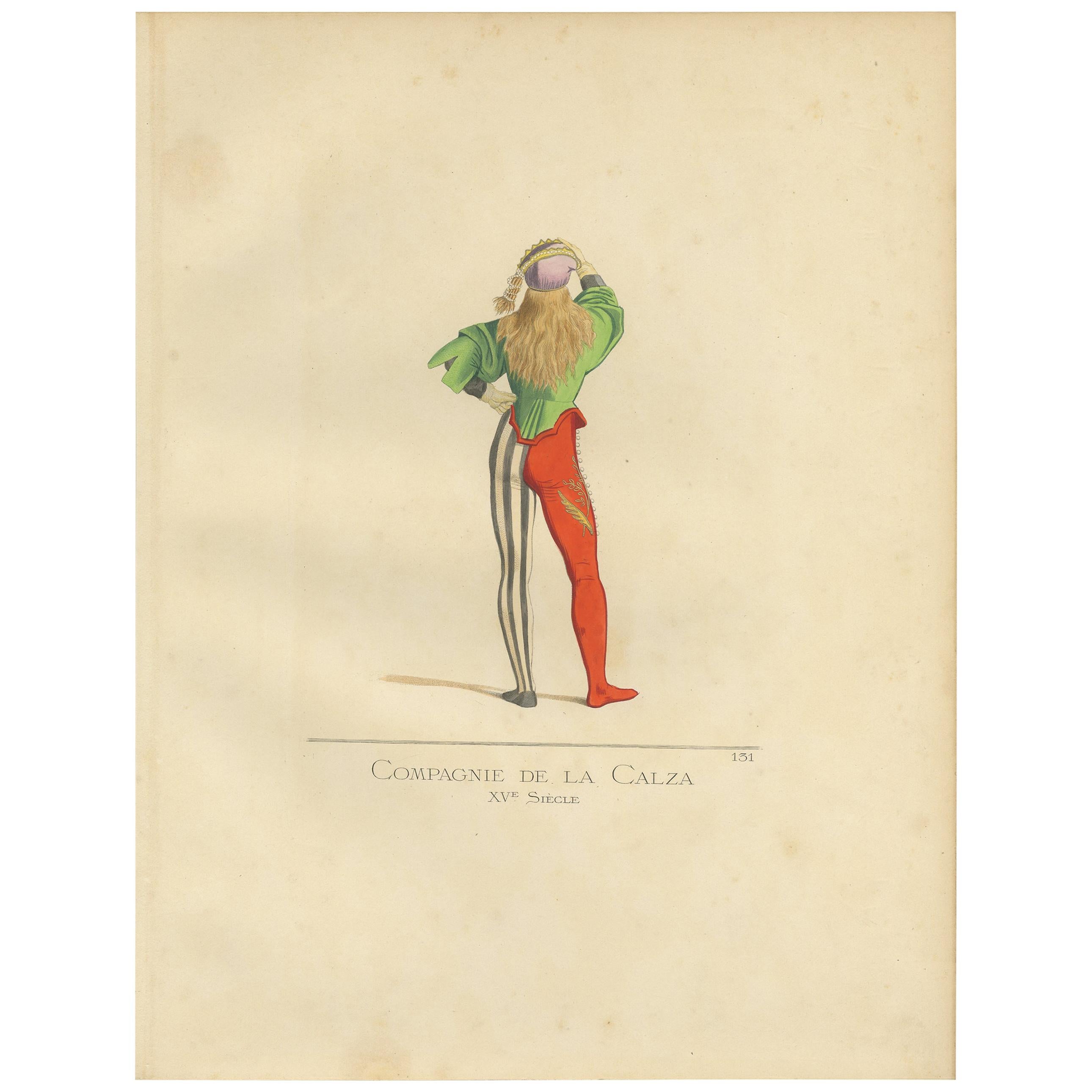 Antique Print of a Member of the Calza Society, 15th Century, by Bonnard, 1860 For Sale