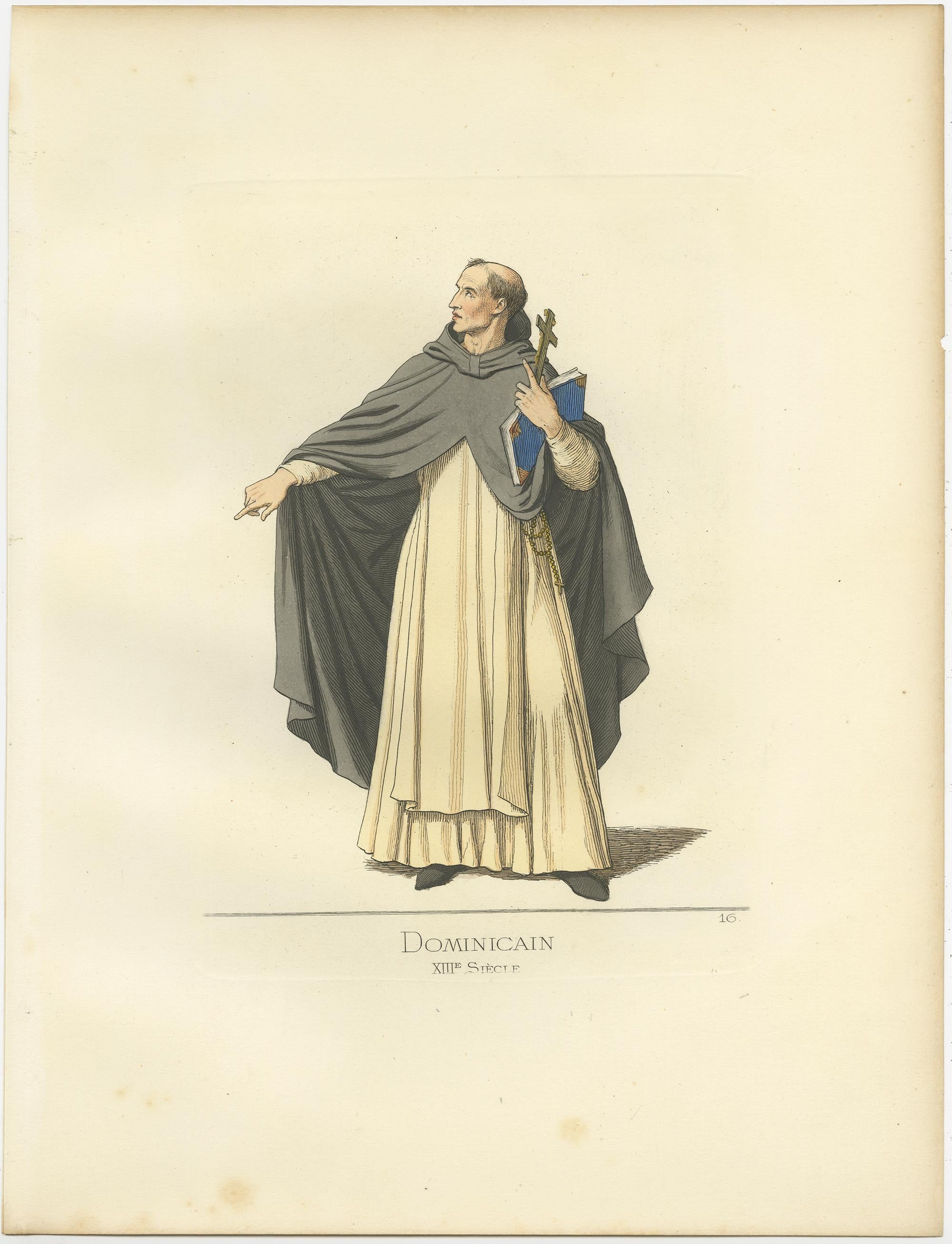 Antique print titled ‘Dominicain, XIIIe Siecle.’ Original antique print of a member of the Dominican Order. This print originates from 'Costumes historiques de femmes du XIII, XIV et XV siècle' by C. Bonnard. Published, 1860.