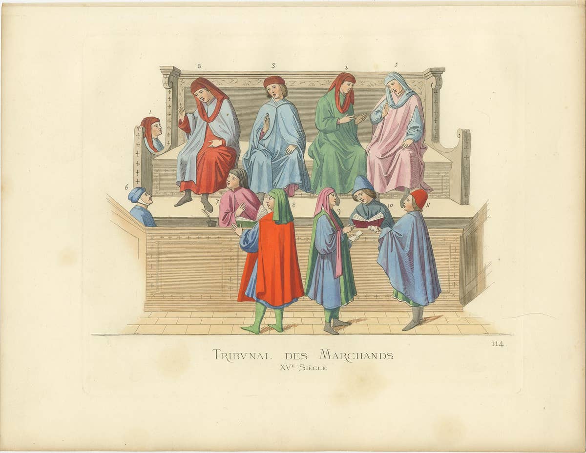 Antique Print of a Merchant Tribunal, Italy, 15th Century, by Bonnard, 1860