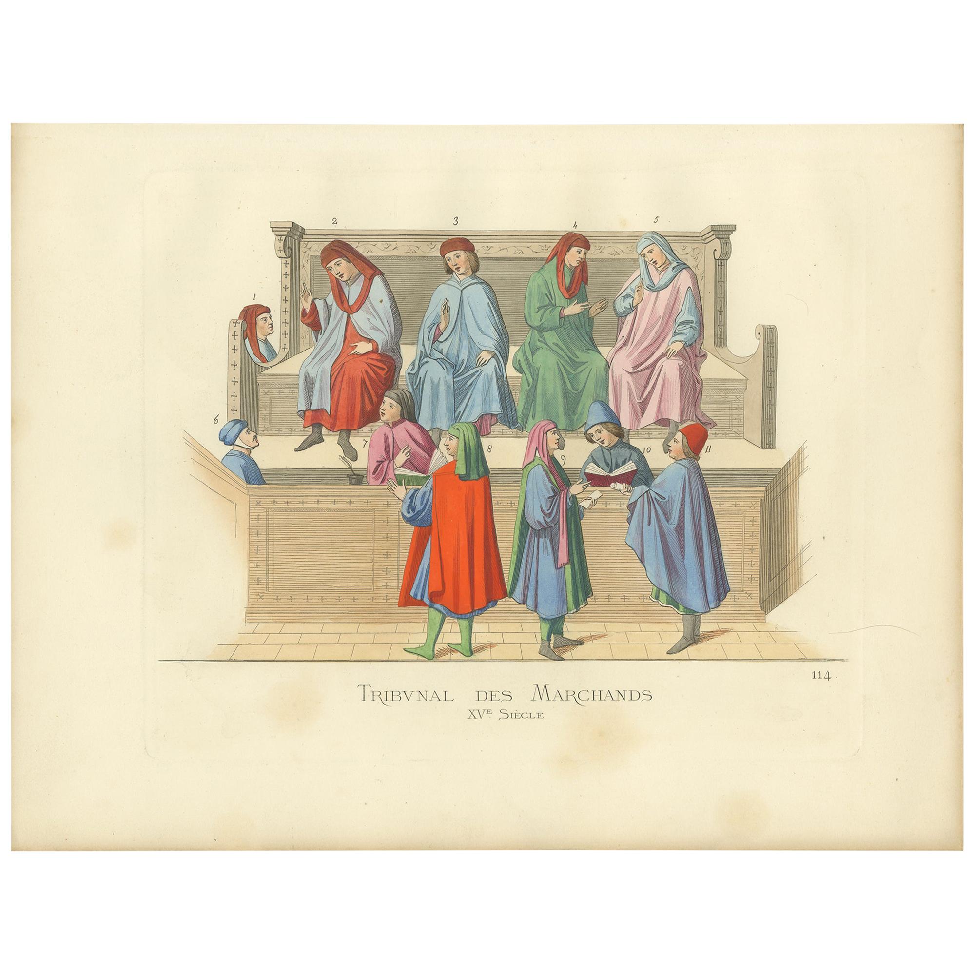 Antique Print of a Merchant Tribunal, Italy, 15th Century, by Bonnard, 1860 For Sale
