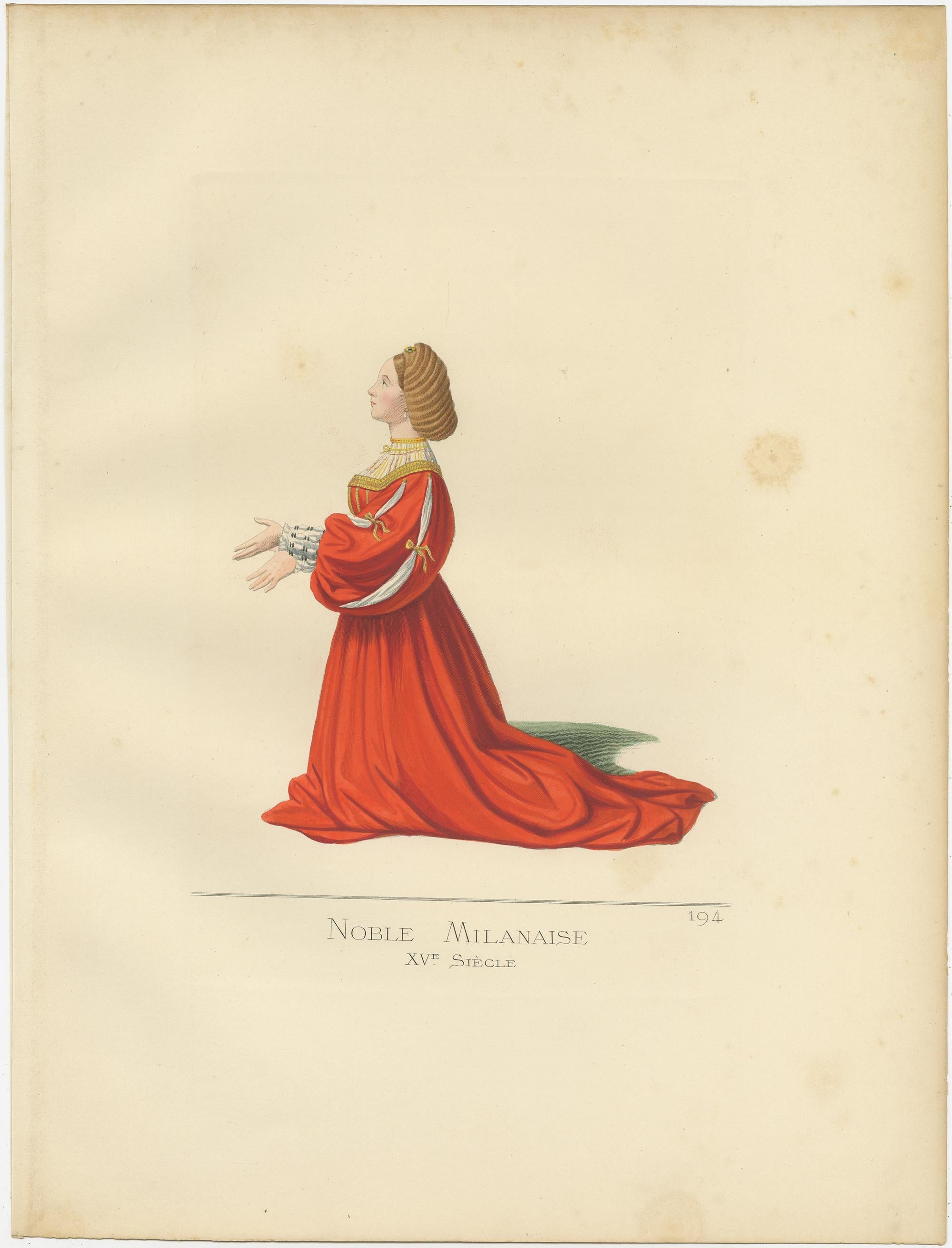 Antique print titled ‘Noble Milanaise, XVe Siecle.’ Original antique print of a Milanese Noblewoman, 15th Century . This print originates from 'Costumes historiques de femmes du XIII, XIV et XV siècle' by C. Bonnard. Published 1860.