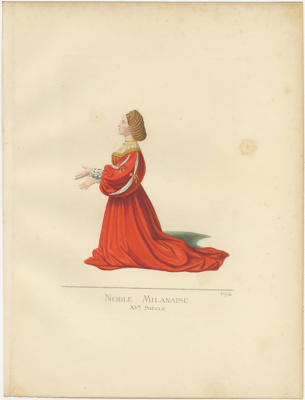 Antique Print of a Milanese Noblewoman 15th Century, by Bonnard, 1860
