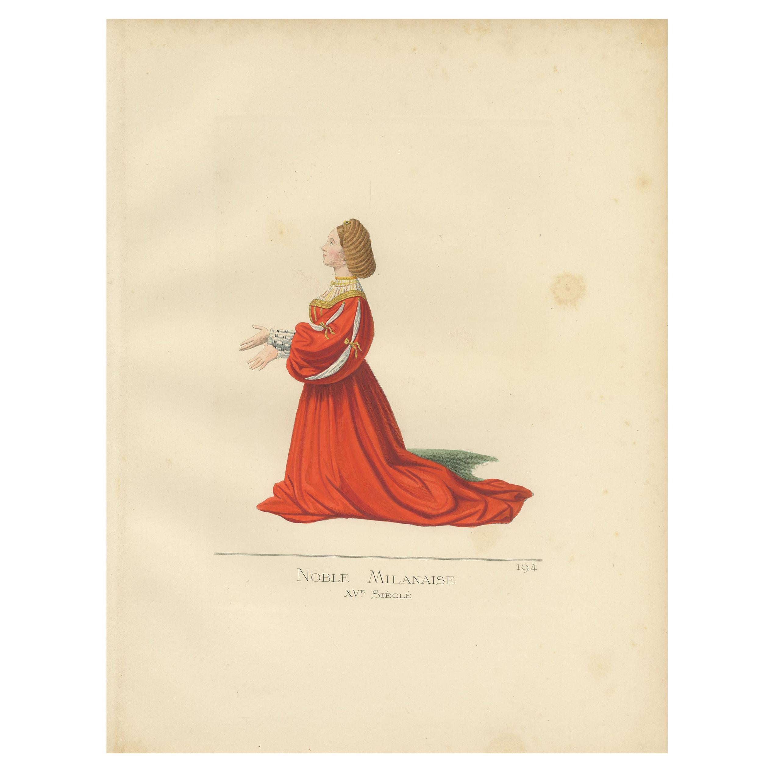 Antique Print of a Milanese Noblewoman 15th Century, by Bonnard, 1860 For Sale