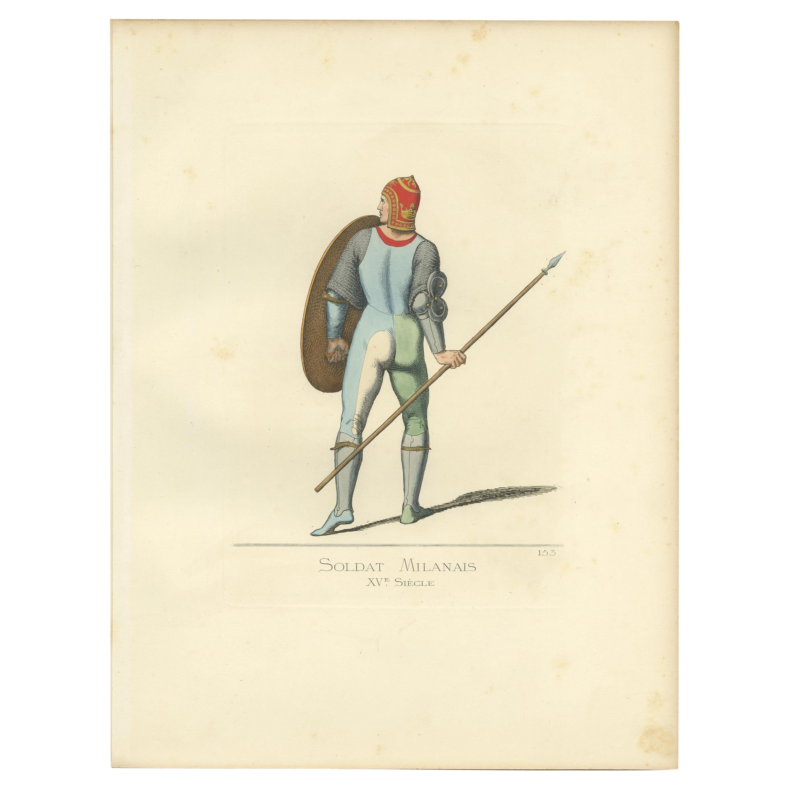 Antique Print of a Milanese Soldier, 15th Century, by Bonnard, 1860 For Sale