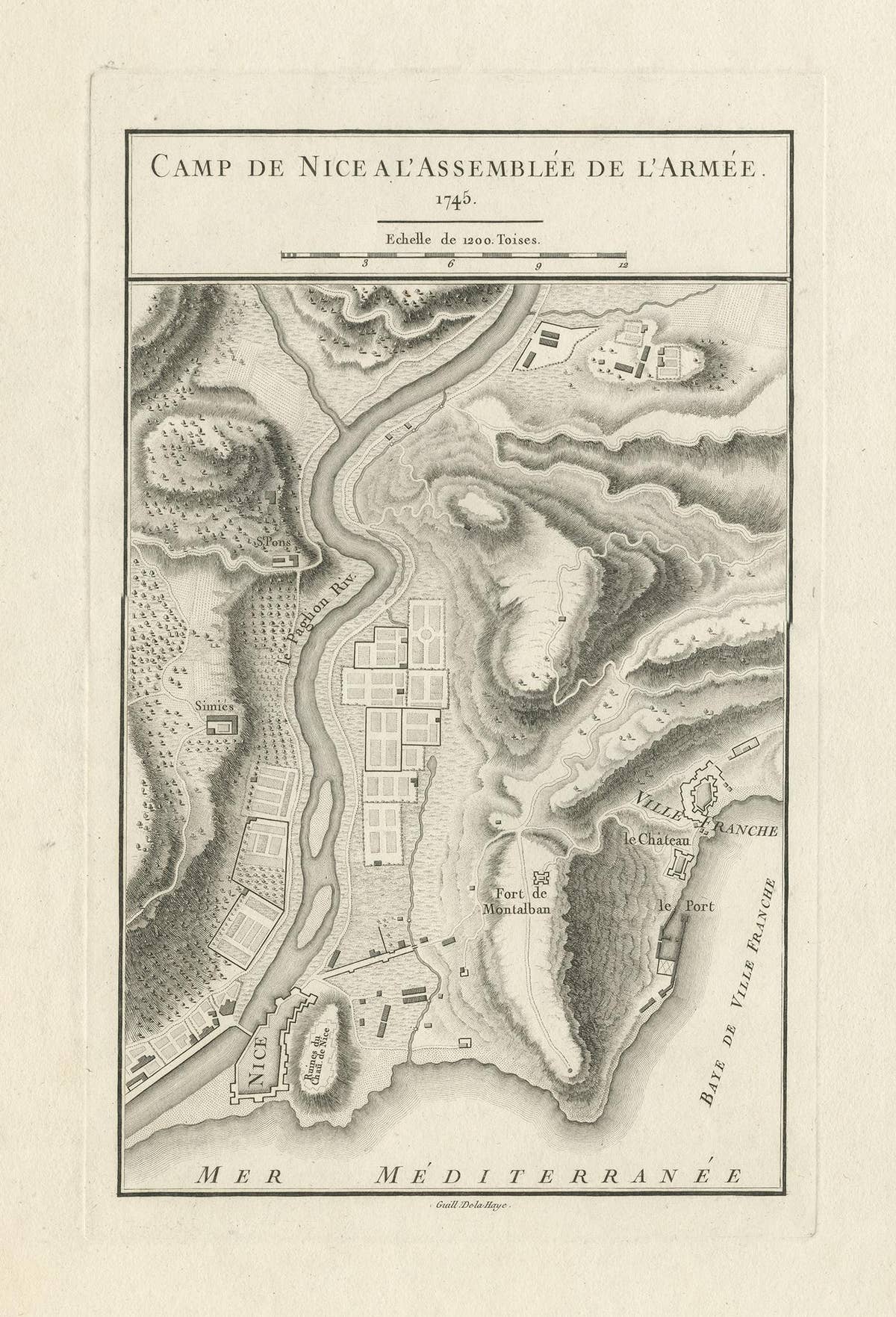 Antique Print of a Military Camp Near Nice by De la Haye, circa 1750