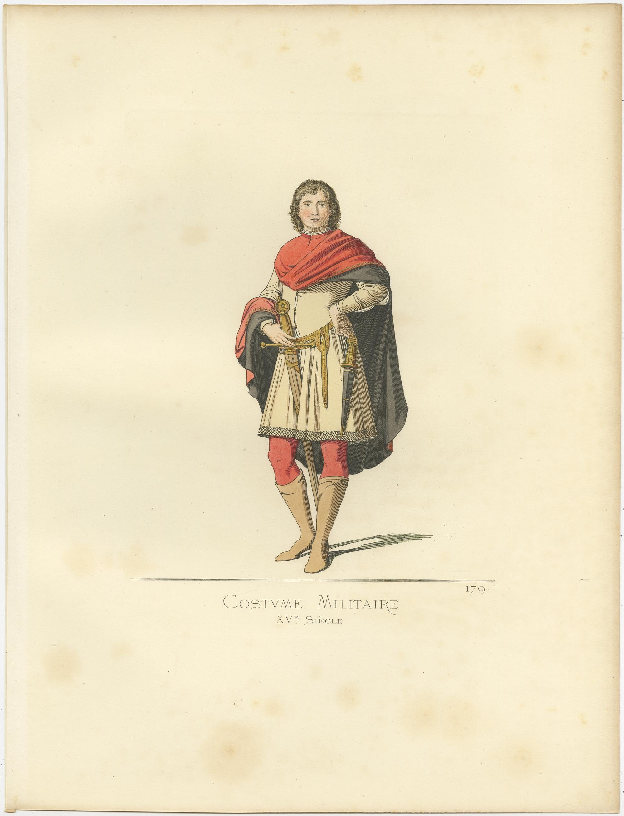 Antique print titled ‘Costume Militaire, XVe Siecle.’ Original antique print of a military costume, 15th century. This print originates from 'Costumes historiques de femmes du XIII, XIV et XV siècle' by C. Bonnard. Published 1860.