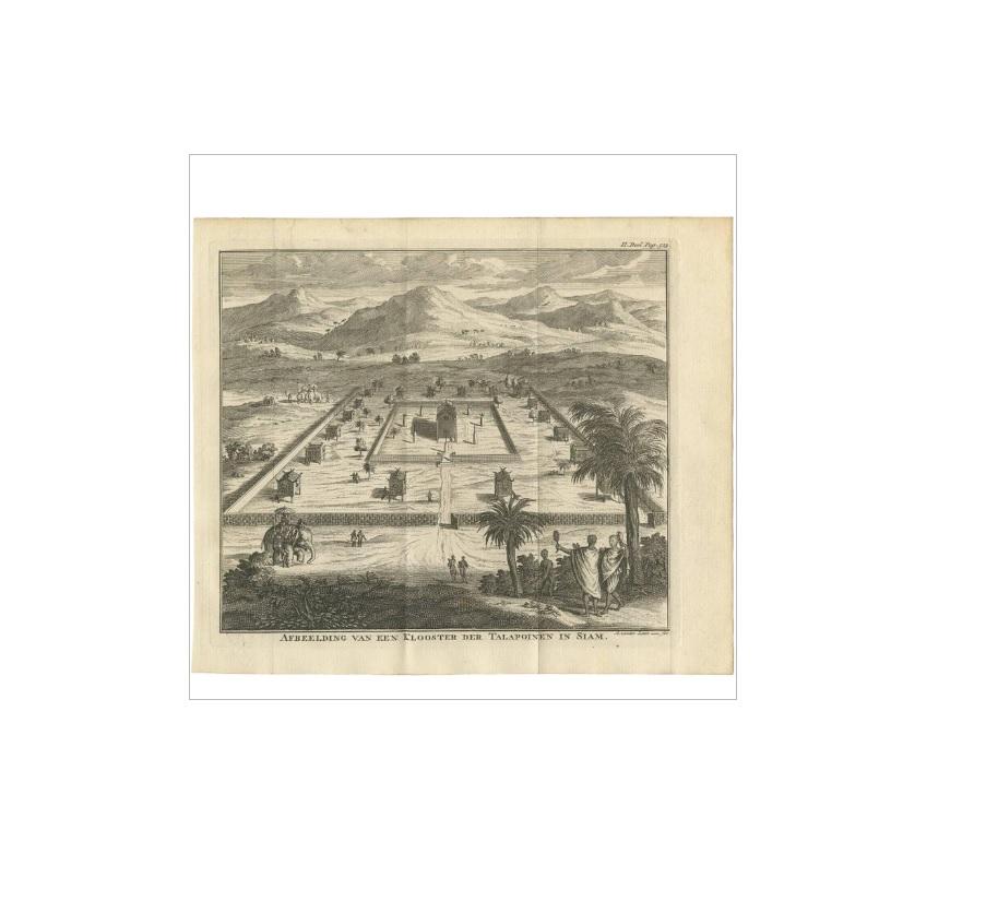 Grabado antiguo de un monasterio del Talapoin en Siam (Tailandia), 1739 siglo XVIII en venta